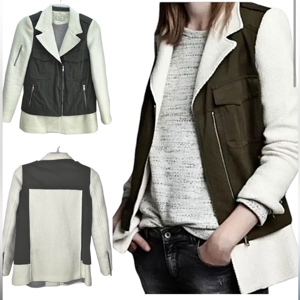 Zara - Jacket (size small) mixed material / tweed cream and olive/milita…